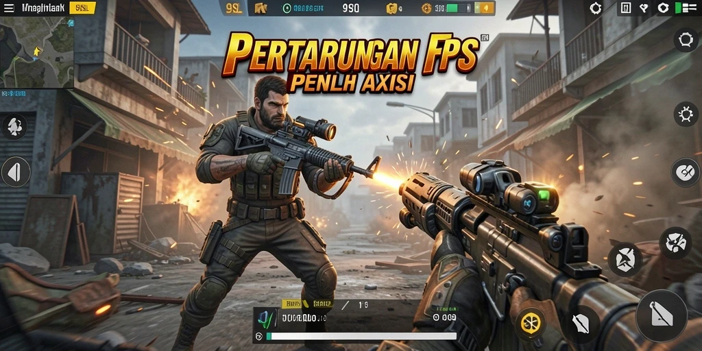 Screenshot gameplay 9SL menampilkan aksi tembak-menembak yang intens.