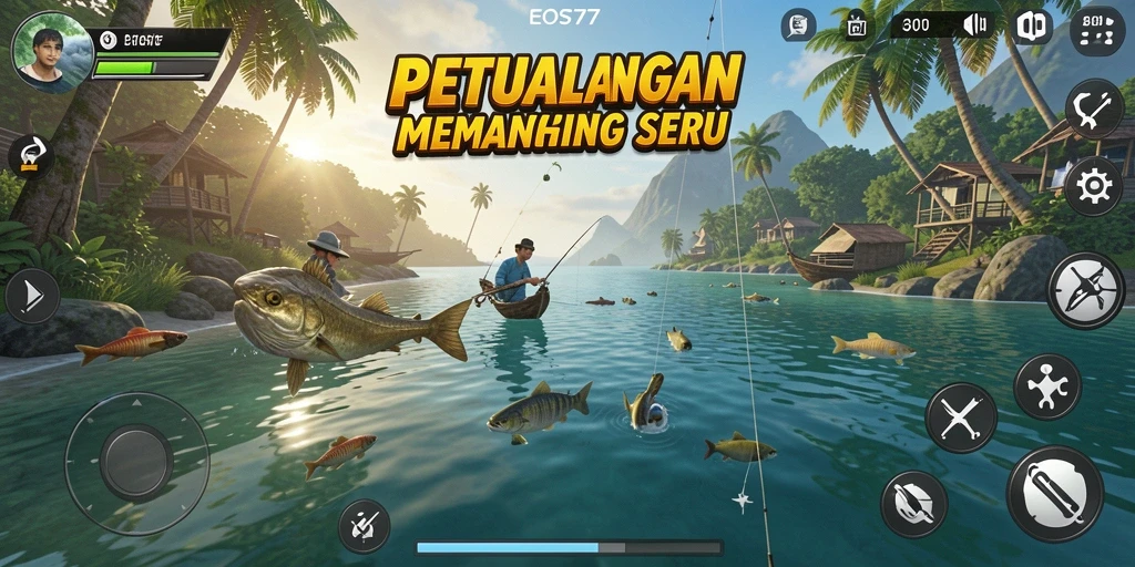 Gameplay menarik dalam EOS77 saat menangkap ikan di danau yang indah.