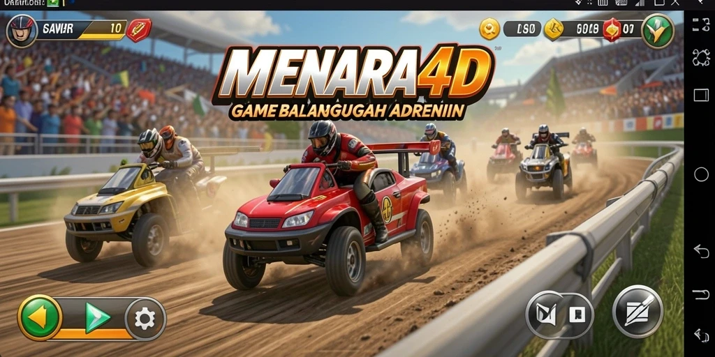 Tampilan gameplay menegangkan di MENARA4D saat mobil melaju kencang.