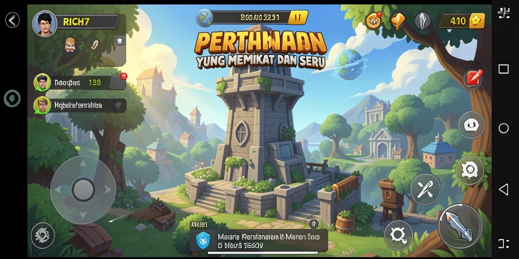 Menampilkan aksi seru dalam game Tower Defense RICH7.