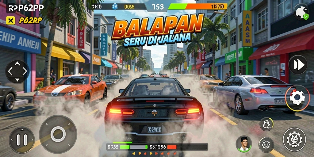 Screenshot gameplay RP62RP yang menunjukkan aksi balapan intens.